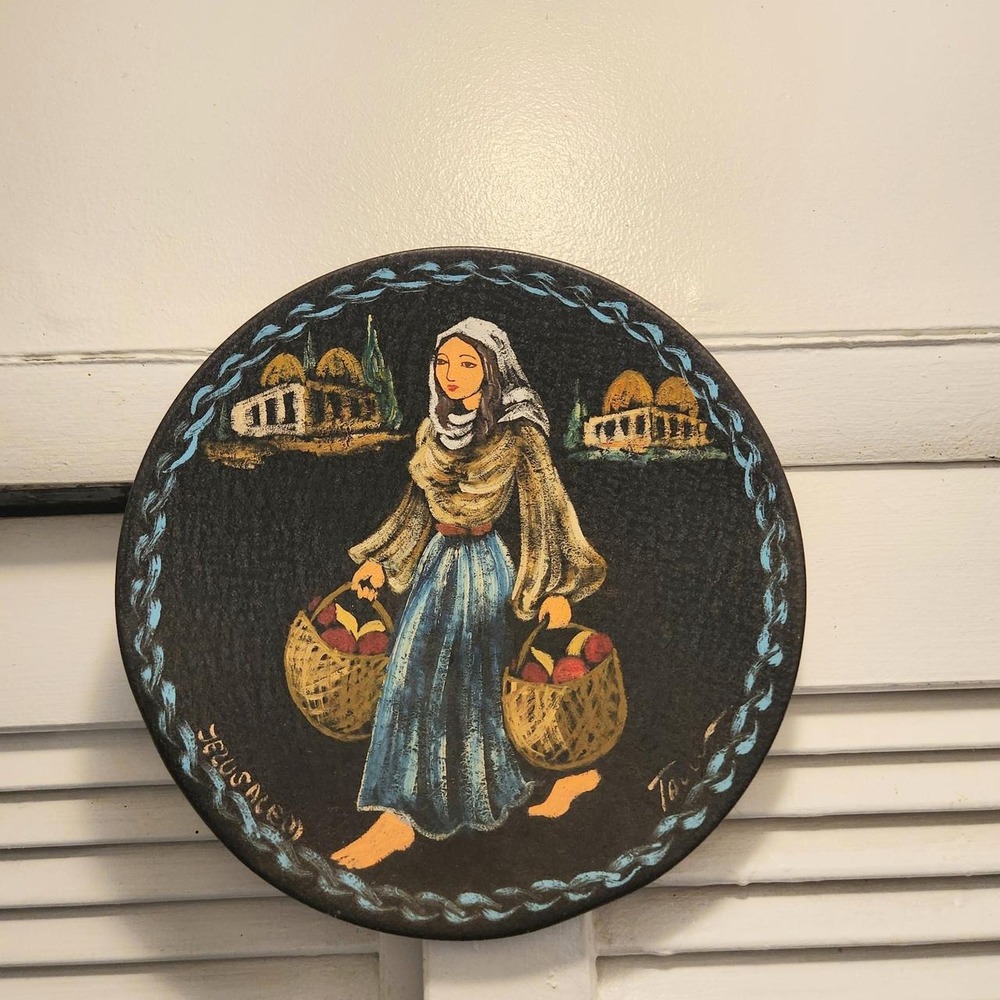 Vintage hand-painted round wall plaque